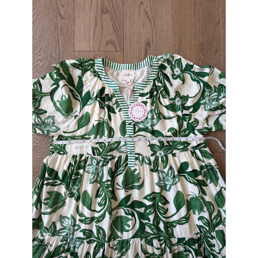 Botanical Leaf Print Tiered Midi Dress V-Neck Lined Green Cream Boho L - Picture 3 of 6